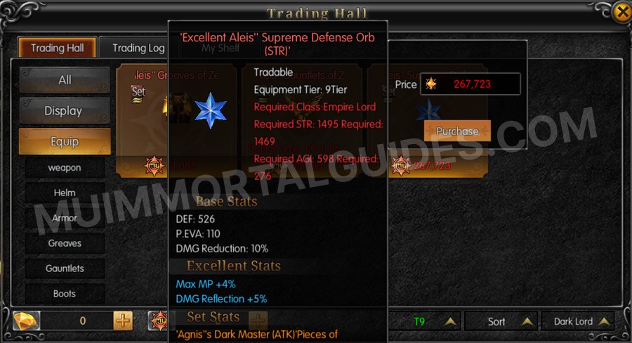 In-game screenshot of Excellent Aleis' Supreme Defense Orb (STR) tooltip