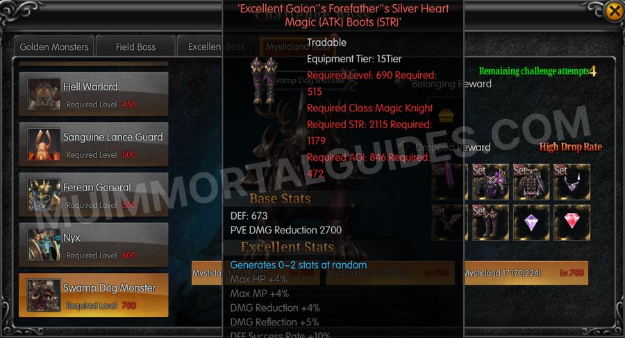 In-game screenshot of Excellent Gaion's Forefather's Silver Heart Magic (ATK) Boots (STR) tooltip