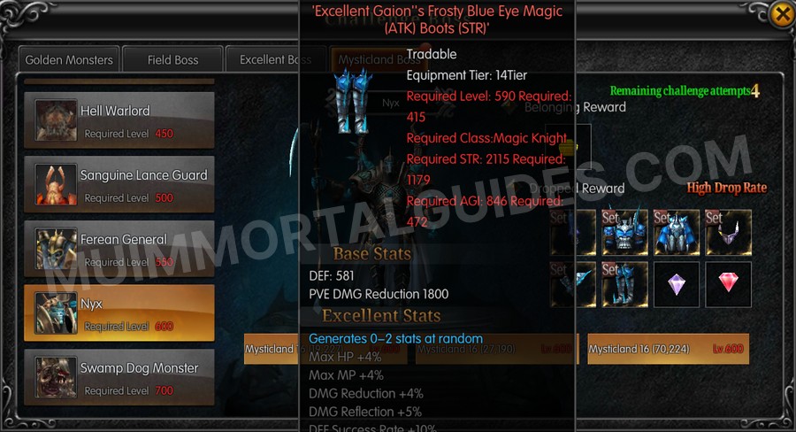 In-game screenshot of Excellent Gaion's Frosty Blue Eye Magic (ATK) Boots (STR) tooltip