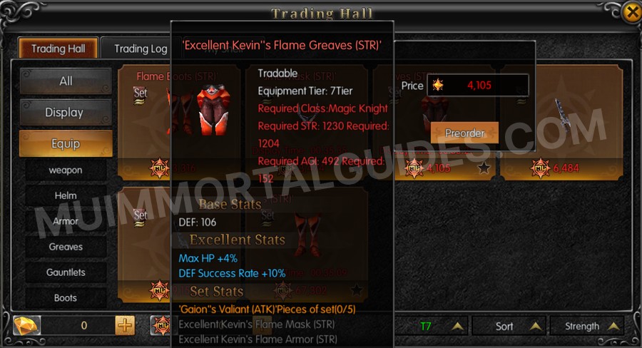 In-game screenshot of Excellent Kevin's Flame Greaves (STR) tooltip
