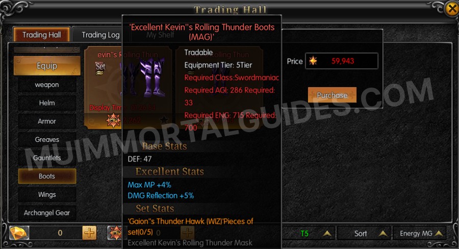 In-game screenshot of Excellent Kevin's Rolling Thunder Boots (MAG) tooltip